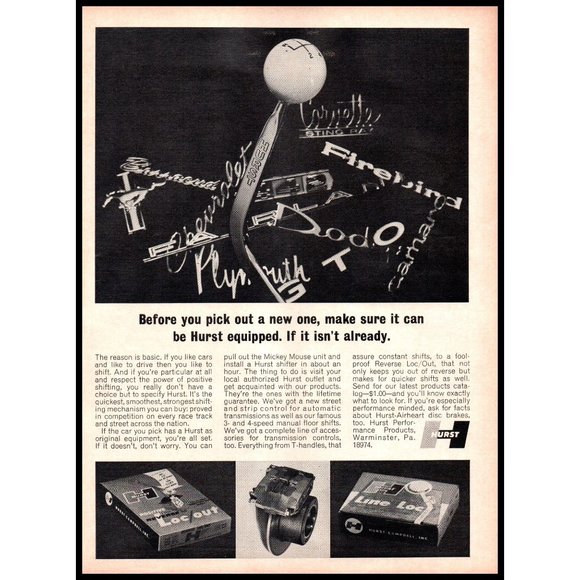 1967 Hurst Shifter Performance Car Parts Vintage Print Ad Muscle Car Wall Art - Picture 1 of 1
